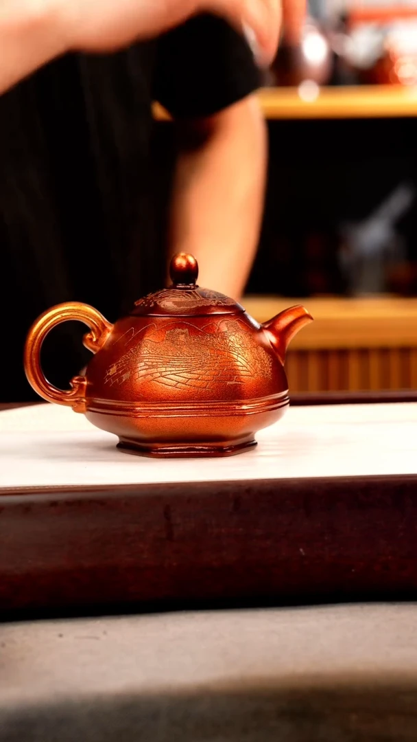 茶壶紫砂金贝烧 六方禅尊 刻绘