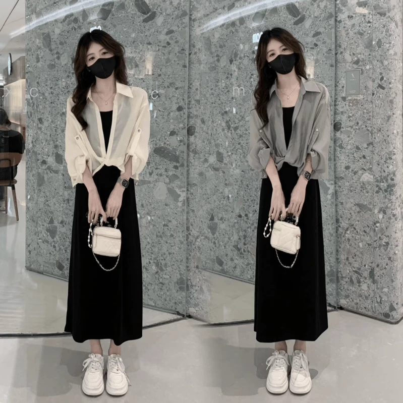 今年流行的春夏套装女防晒衬衫吊带连衣裙时尚减龄显瘦遮肉两件套