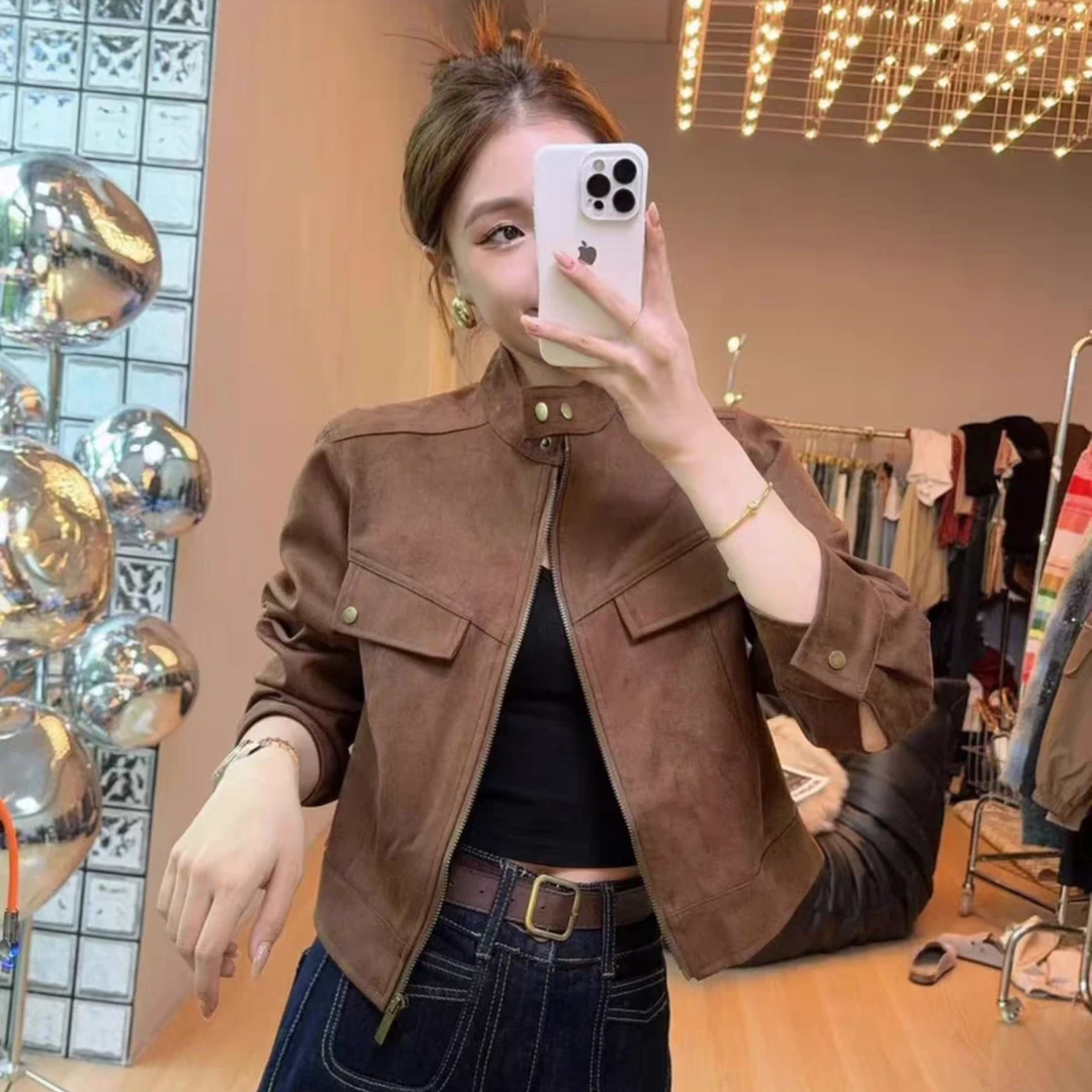 拉夏贝尔复古潮流短款机披绒外套女秋季新款休闲小个子夹克上衣潮