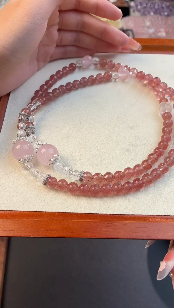 合金手链石英质玉天然草莓晶双圈手串7mm