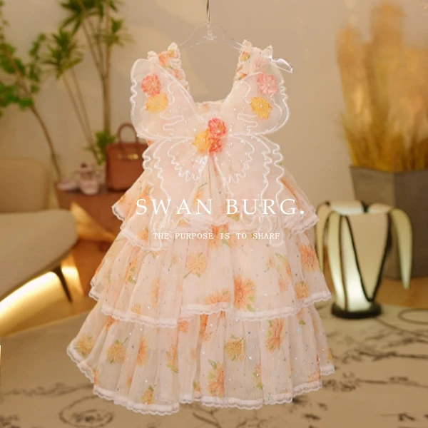 【Y.d4040】2025夏新款女童蝴蝶翅膀碎花公主裙仙气吊带连衣裙