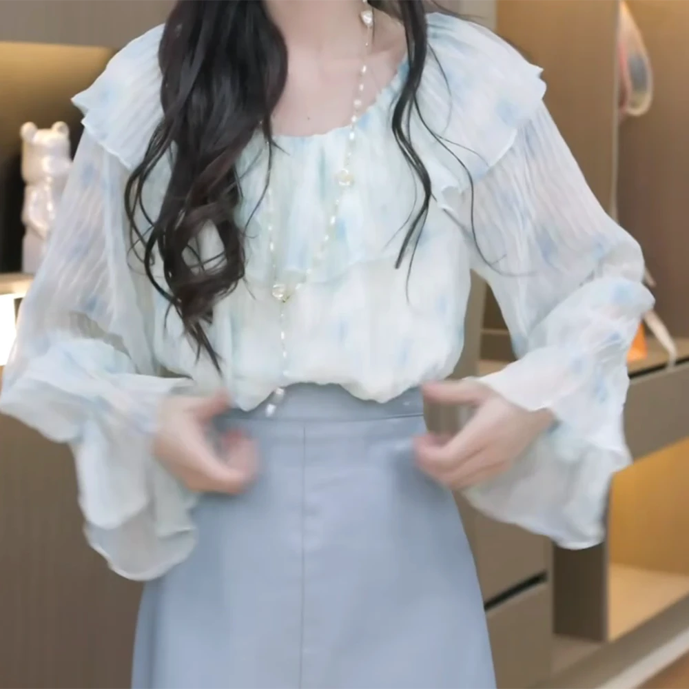 【温柔花朵】温柔百搭法式气质花边领一字肩花朵衬衫上衣女