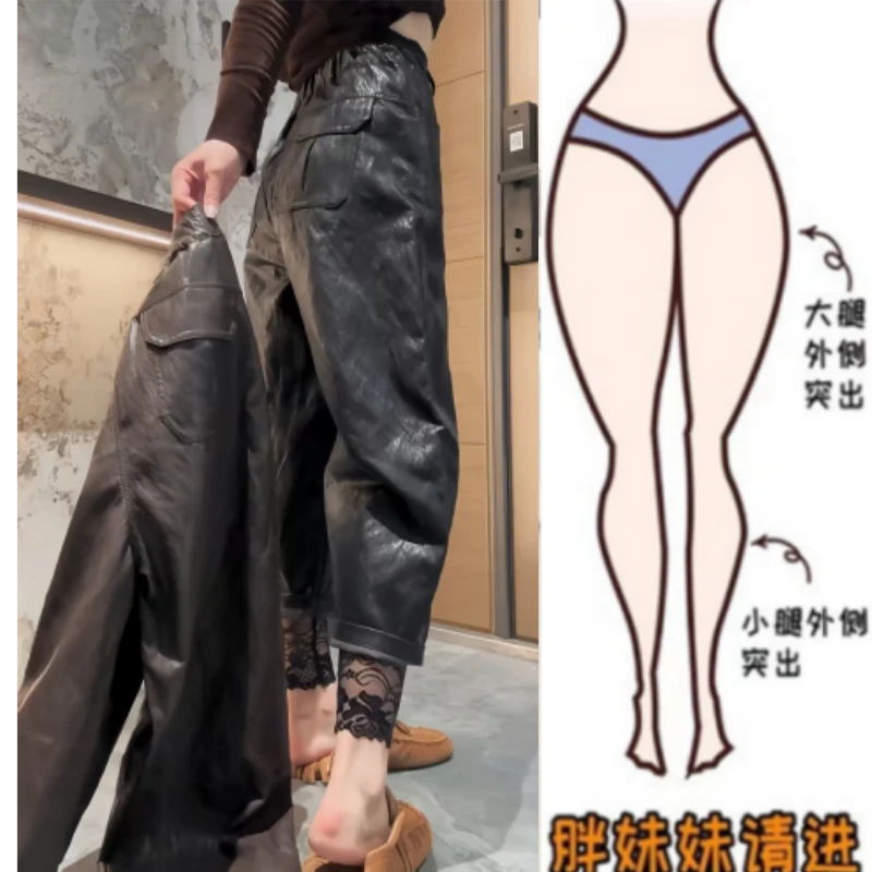 2025秋季新款胖妹妹设计感高腰显瘦时尚百搭舒适九分弯刀休闲皮裤