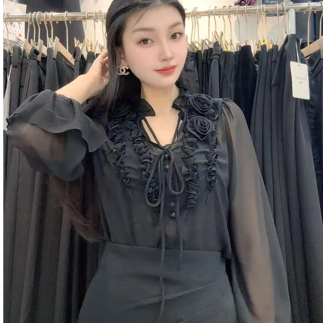 秋款修身显瘦气质百搭荷叶边黑色小衫花朵网红时尚炸街新款女装