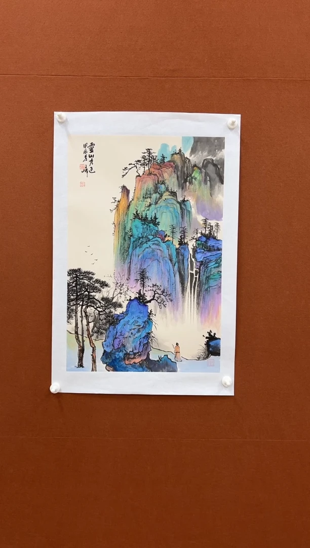 国画李文峰四尺三开重彩山水