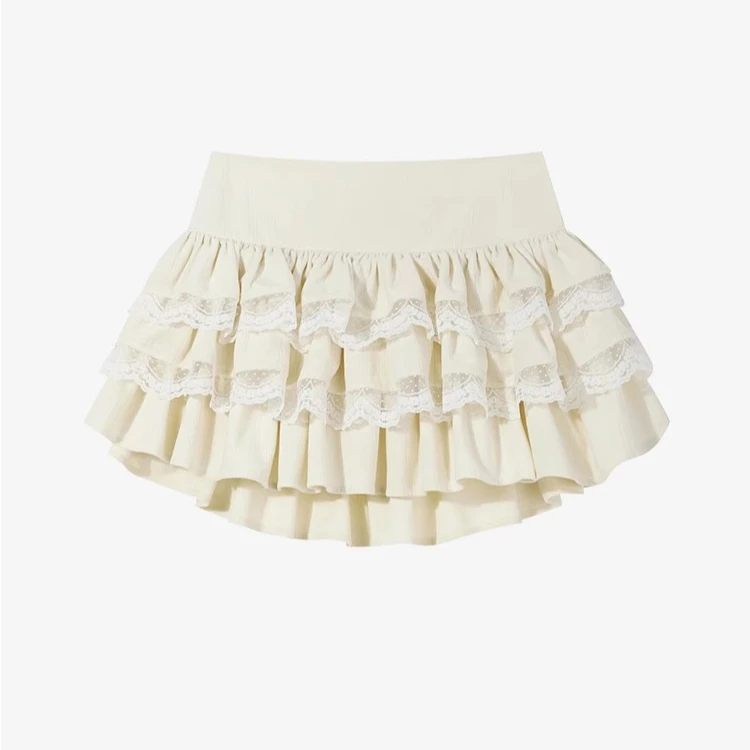 羊城故事-纯欲蕾丝拼接杏色蛋糕裙高腰a字半身裙 Y50147882