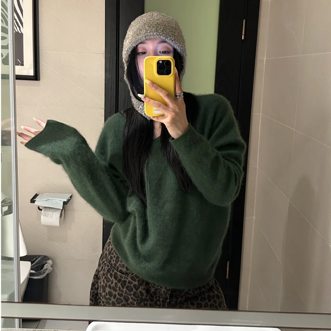 毛针织衫冬季百搭宽松型绿色长袖针织上衣气质显瘦性感豹纹长裤女