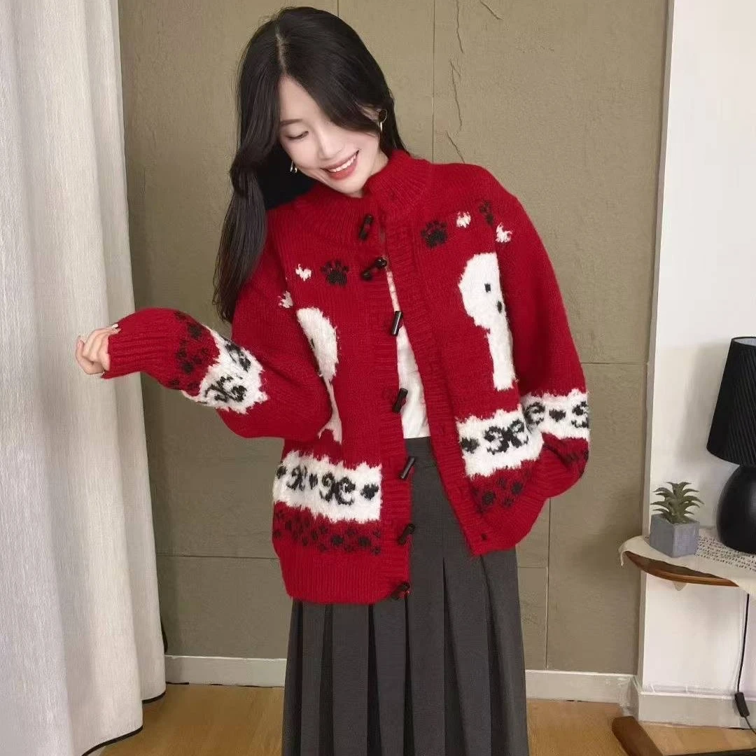 韩系chic氛围感穿搭新年圣诞提花针织开衫2025春秋设计感毛衣外套