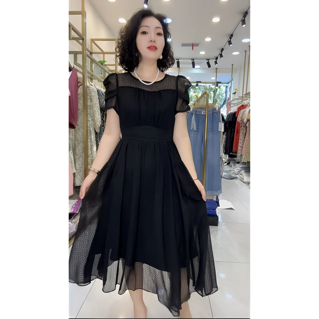 7171下摆不规则夏季礼服方领泡泡袖优雅纯色收腰黑色连衣裙