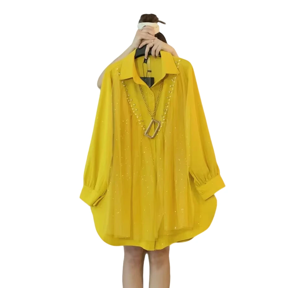 大维罗依MG新款大码钉珠气质拼纱宽松衬衫