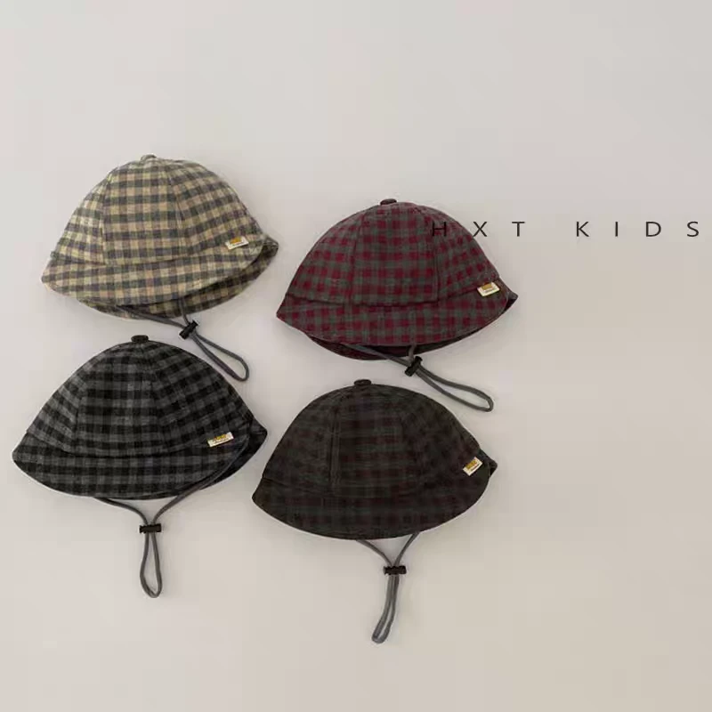婴儿帽子春秋季洋气格子撞色拼接出头防晒帽婴幼儿宝宝穿搭渔夫帽