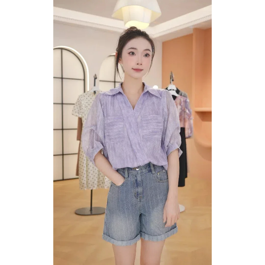 X2836紫色条纹衬衫女短袖2025夏季新款洋气减龄宽松显瘦设计感