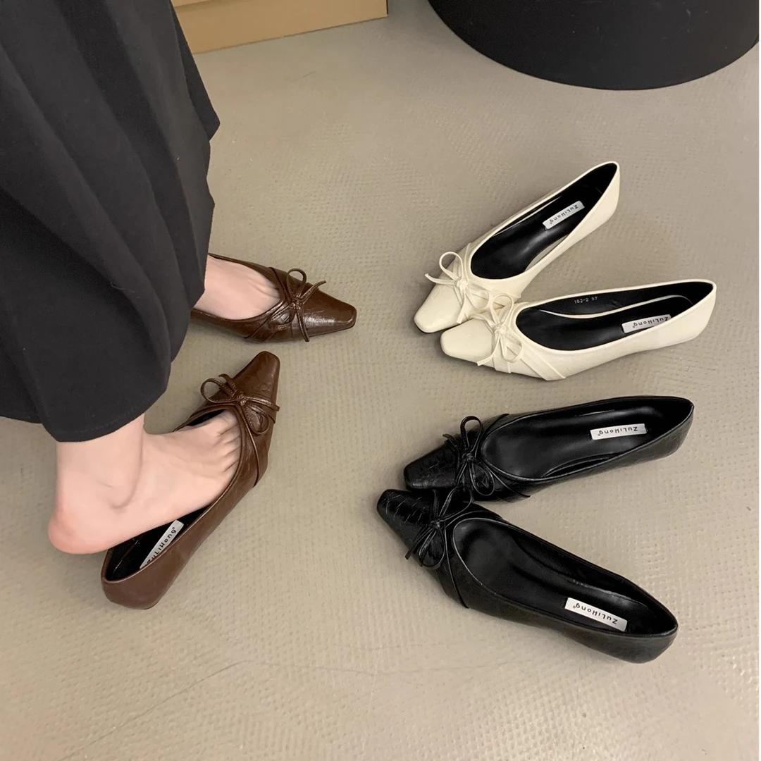 仙女风气质尖头蝴蝶结浅口粗跟单鞋女2025新款软底百搭通勤舒适