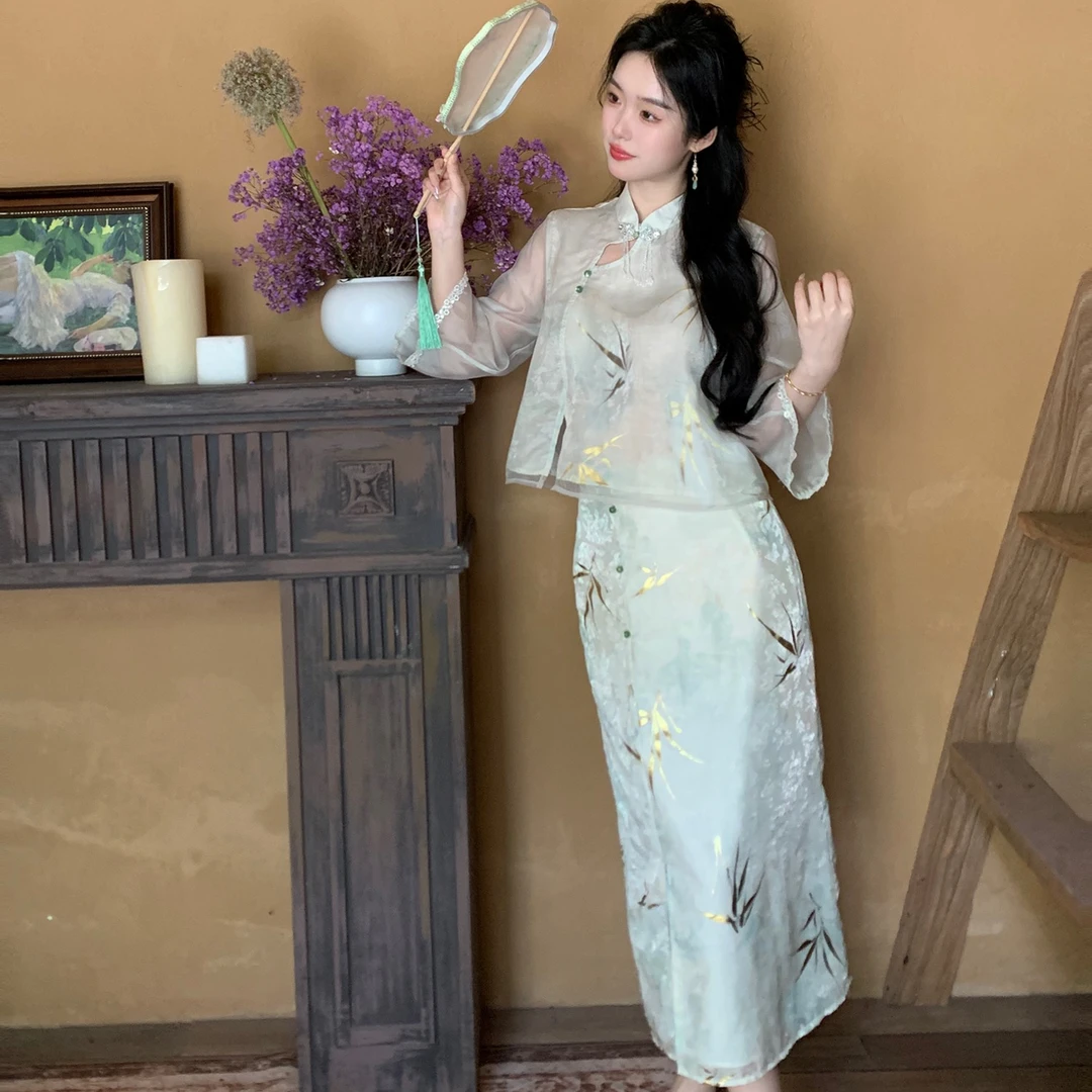 Blovelan竹风花影 新中式烫金竹印花薄纱上衣+气质半身裙两件套装