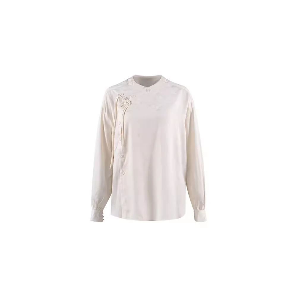 【江南烟雨】新中式复古斜门襟盘扣系带提花立领衬衫上衣W24AE202