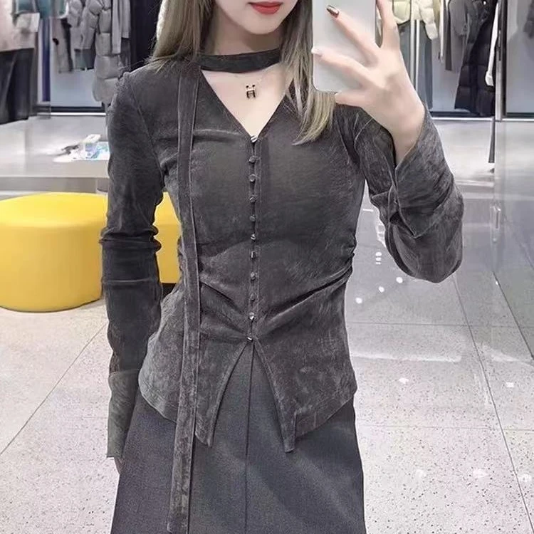 XB16# 新款丝绒V领长袖上衣