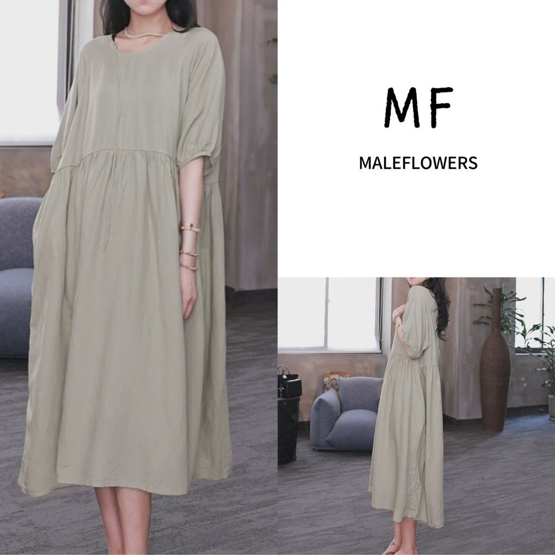 东倪MF 亚麻森系休闲日杂风捏褶连衣裙通勤百搭新款夏 85B88182-1