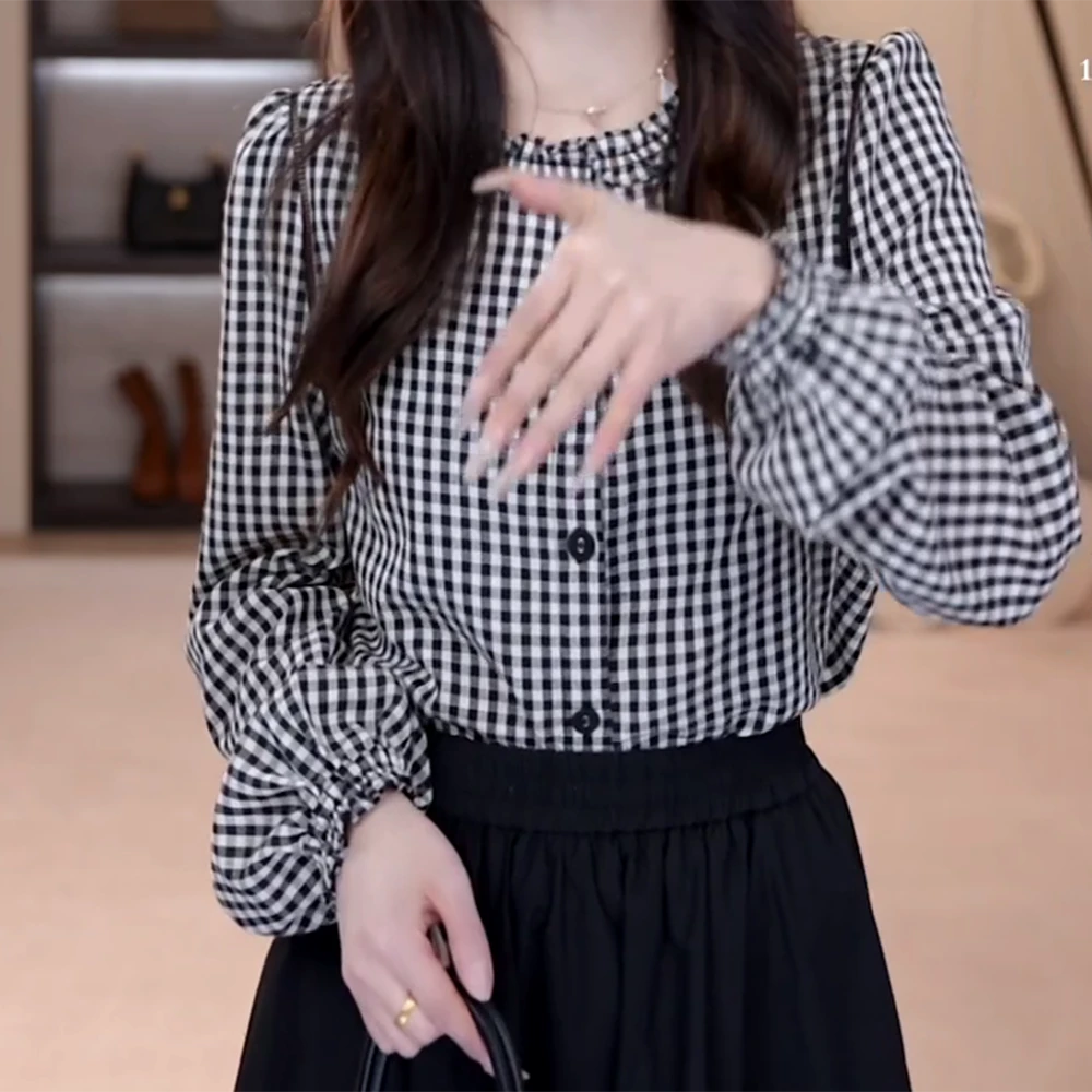 【格子】早春新款经典格子百搭时尚显瘦简约单排扣圆领衬衫上衣衬衣