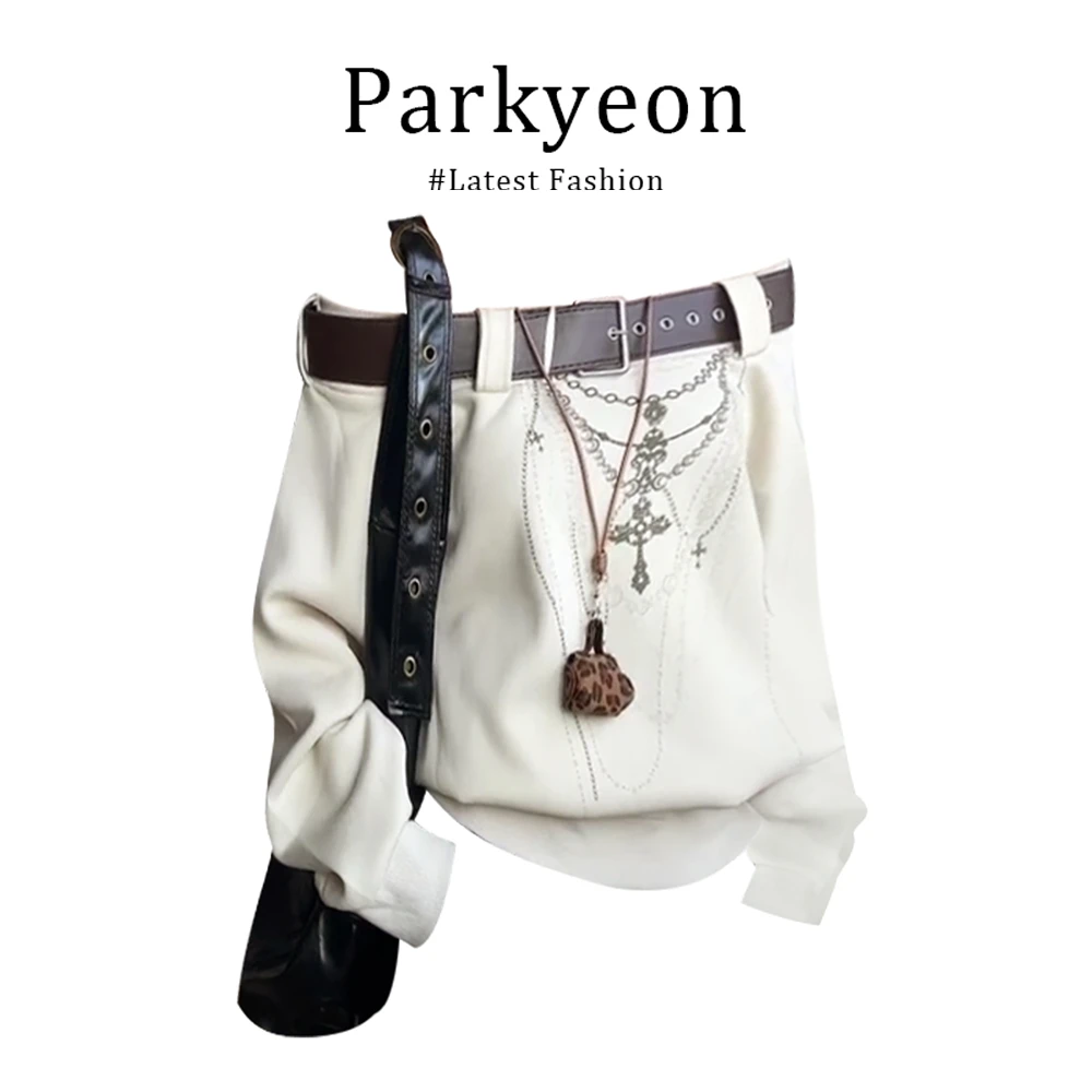 parkyeon美式街头皮带斜肩长袖卫衣女秋季设计感宽松显瘦露肩上衣