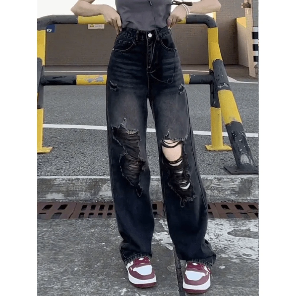 2025早秋新款美式高街黑色破洞牛仔裤女高腰宽松显瘦阔腿拖地裤子