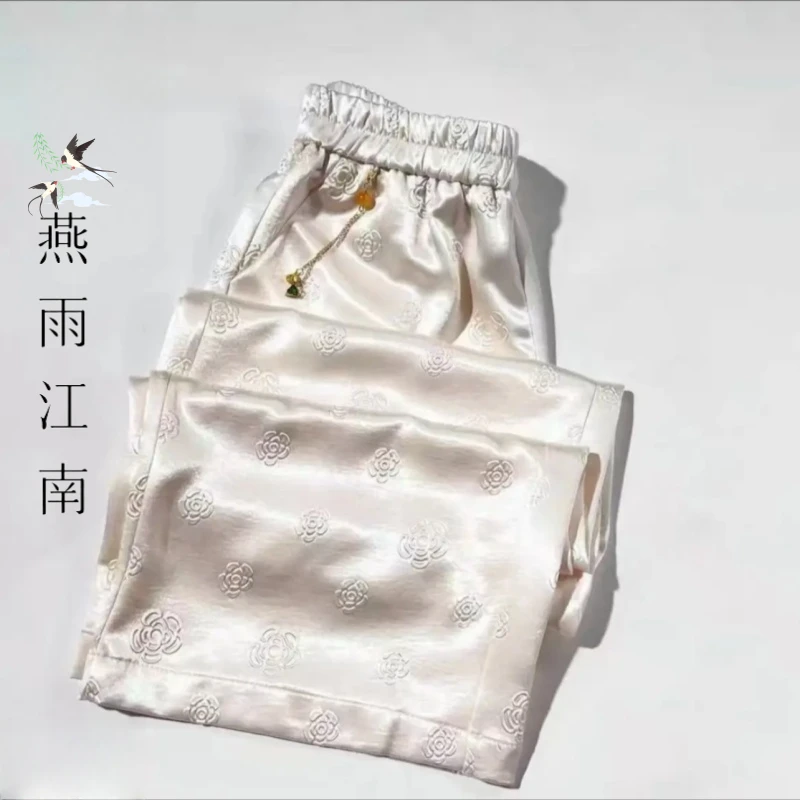 【花艺】春夏新款气质显瘦国风新中式提花长裤女士休闲直筒裤