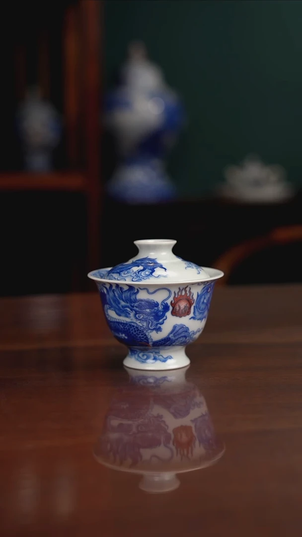 自成柴窑青花釉里红龙凤