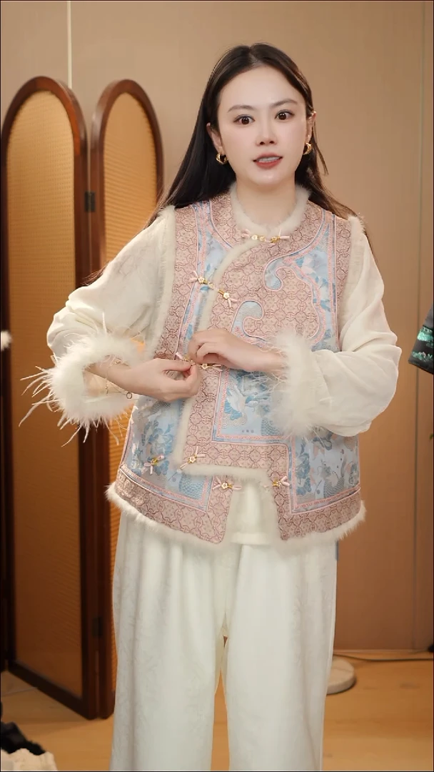 粉蓝麒麟牡丹夹棉马甲