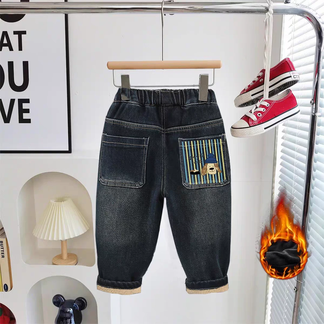 儿童冬季后口袋狗头印花加绒加厚牛仔老爹裤(默认微瑕介意慎拍)