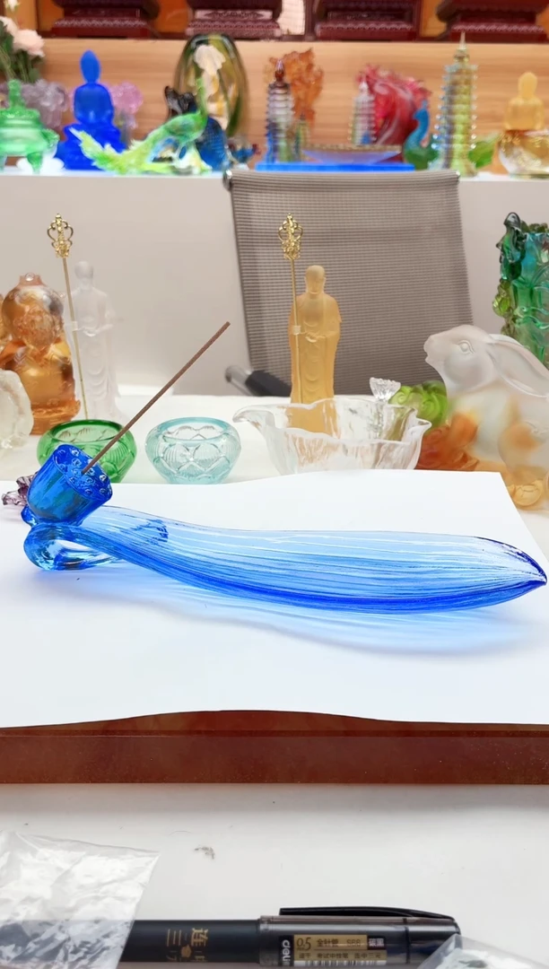 手工艺品琉璃蓝色荷叶香插23*6.5*5.5公分