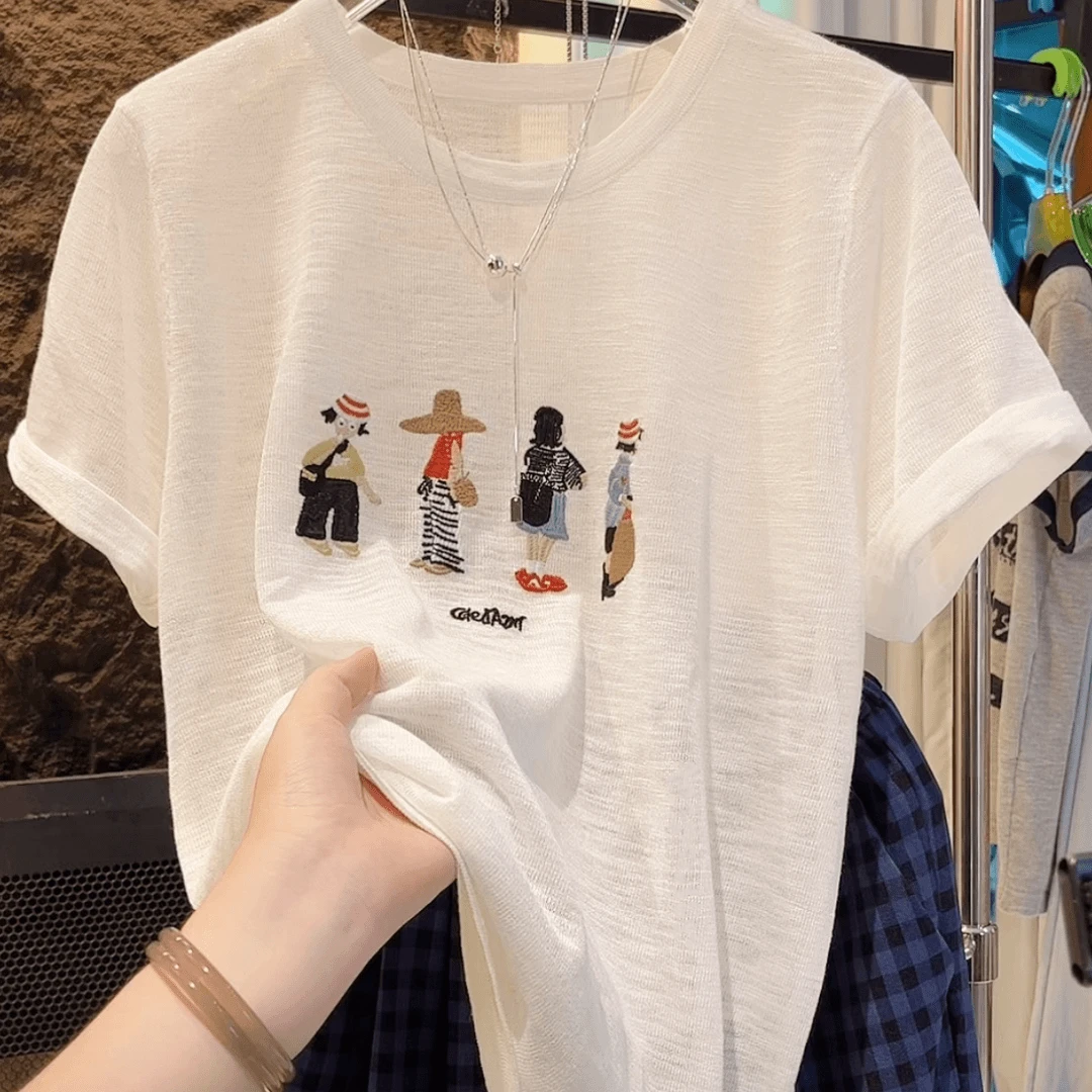 设计感时尚透气百搭宽松针织短袖女2025夏季新款韩版休闲通勤上衣