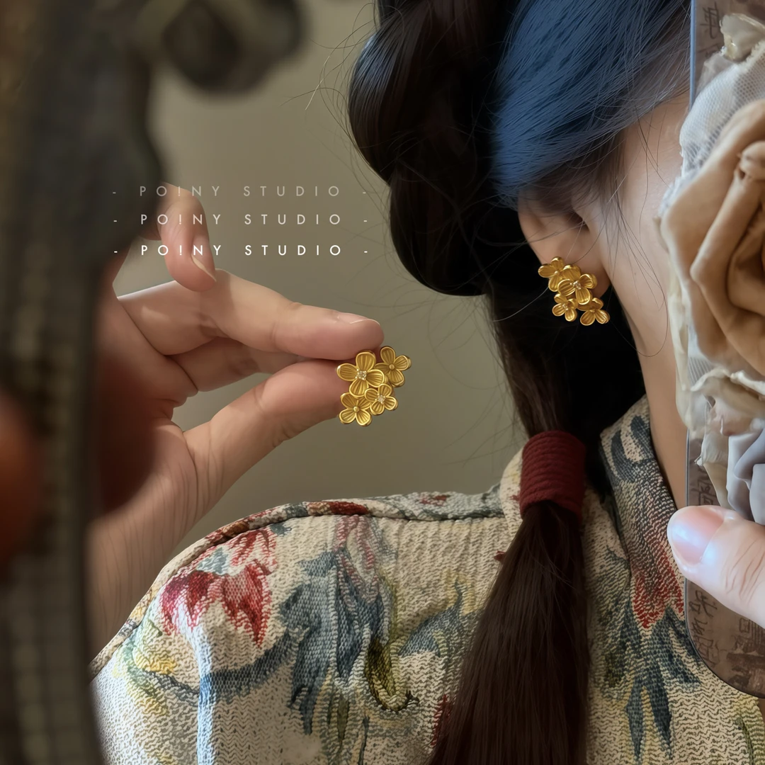 铜合金耳饰 复古锆石花朵耳环女小众气质耳饰小巧百搭高级感秋冬