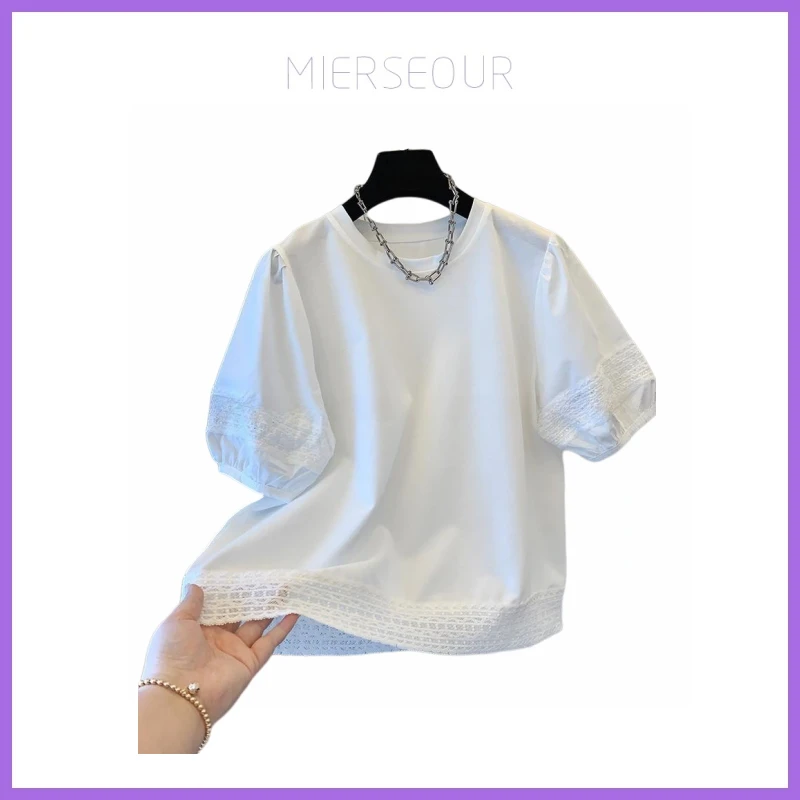 减龄好看的法式绝美气质蕾丝泡泡袖短袖T恤打底衫时尚上衣女6464