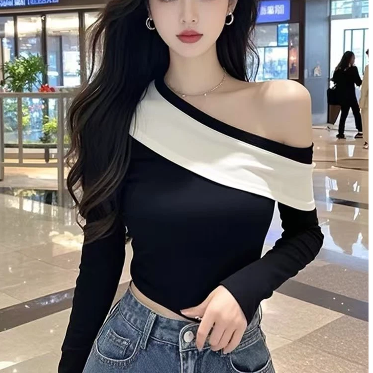 气质御姐范斜领拼接长袖打底衫T恤女春秋新款名媛修身内搭上衣