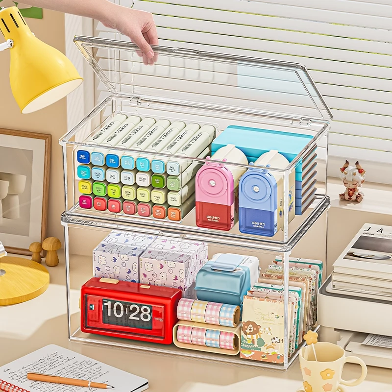 桌面收纳盒透明亚克力防尘带盖书桌文具办公桌上小杂物盒子整理盒