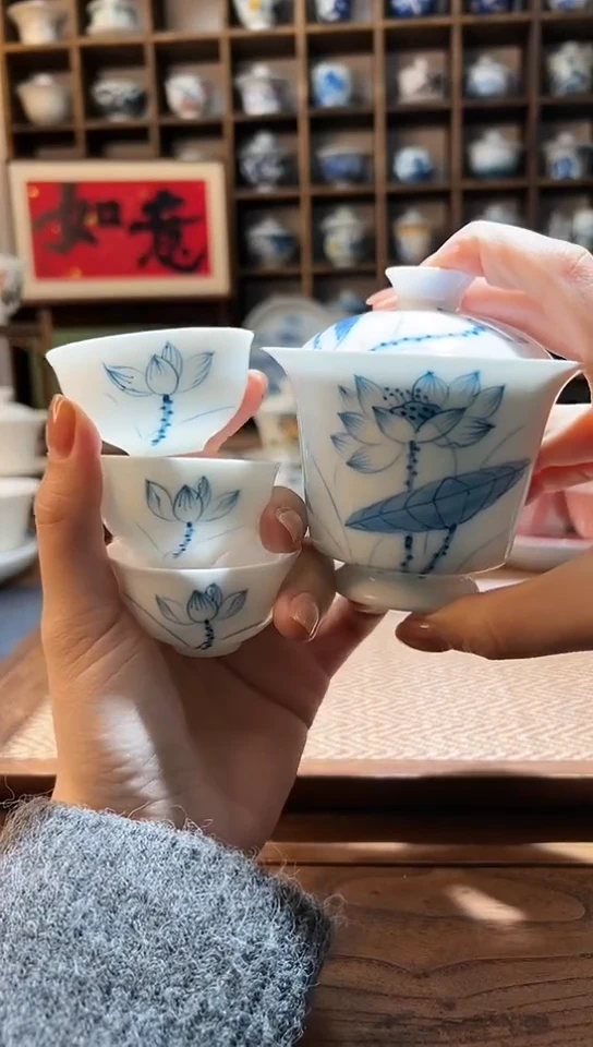 【闪购商品】荷花素荷高足盖碗+送3个客杯