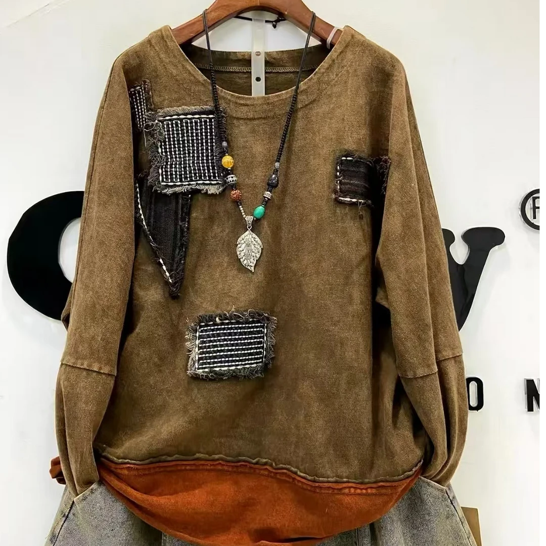 2025春季新款名族风刺绣方块卫衣棉质宽松大码长袖T袖女(衣长63)