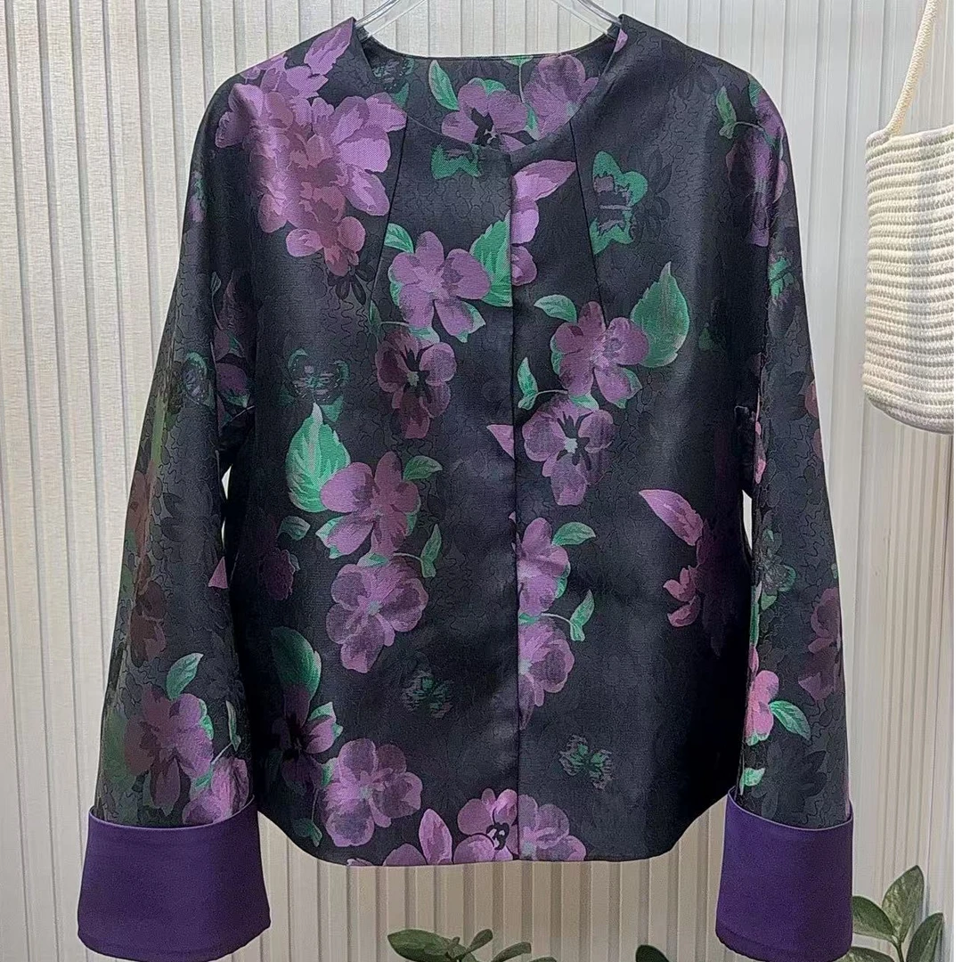 【紫棠】新中式织锦提花秋季新款高端洋气复古圆领国风短款外套女