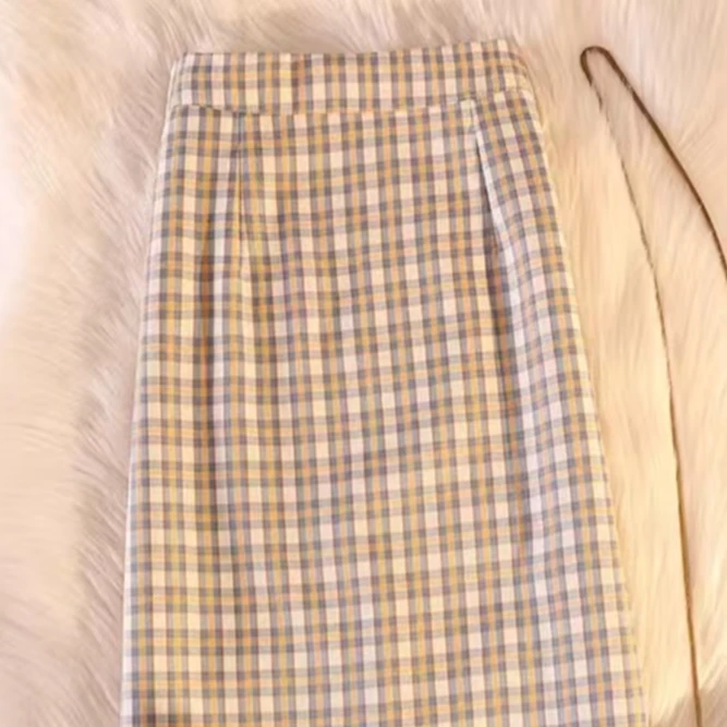 13-8-6805  高腰格子半身裙时尚气质显瘦中长款开叉裙  BSQ/0119