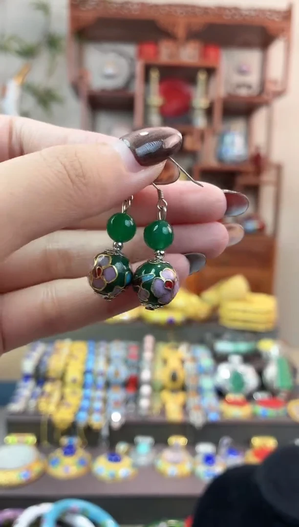 非遗手工景泰蓝耳环绿色