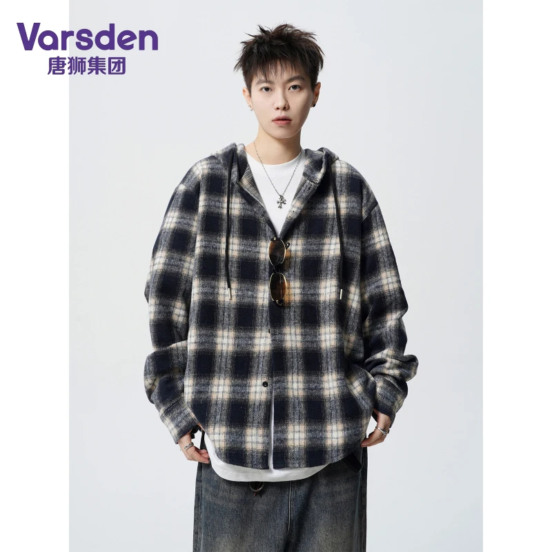 唐狮集团Varsden美式复古格子开衫连帽衬衫男秋季百搭宽松外套