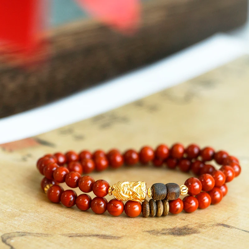 【昭君】瓦西牛血红火焰纹南红扎基双圈手串0.6cm