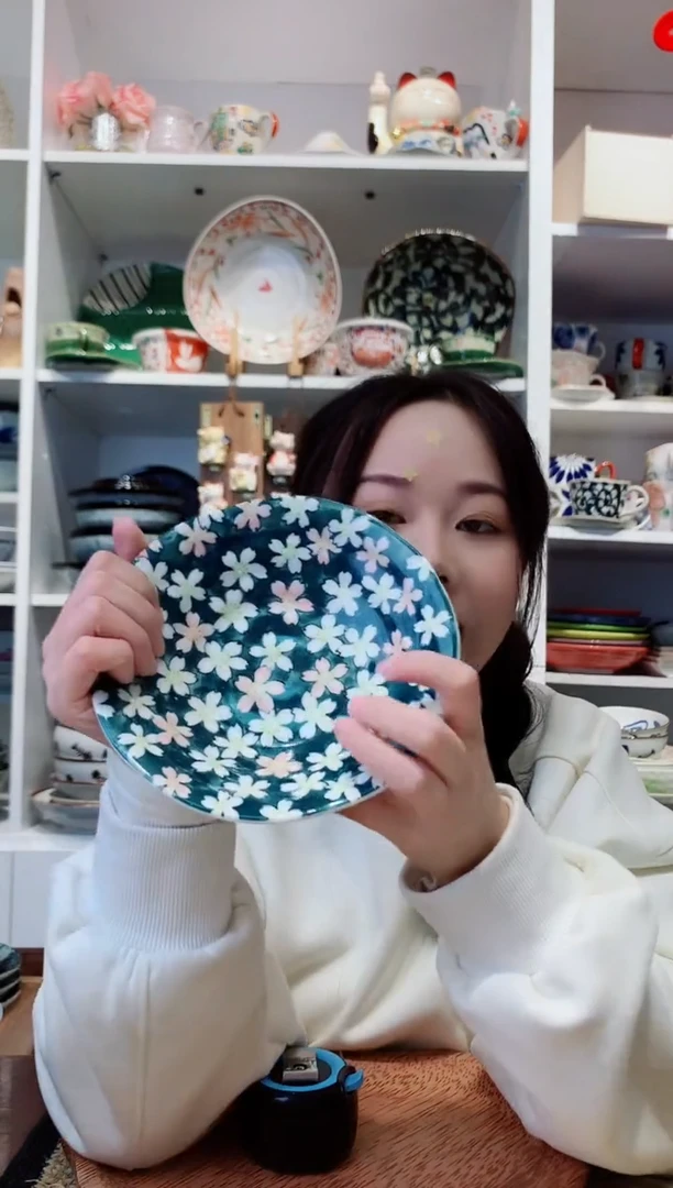 陶瓷【微瑕】绿色樱花深盘16cm