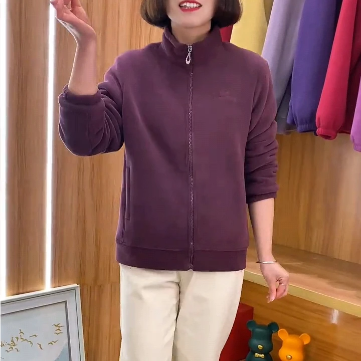 冬季新款时尚洋气减龄纯色中老年女装加棉加厚摇粒绒保暖棉衣外套