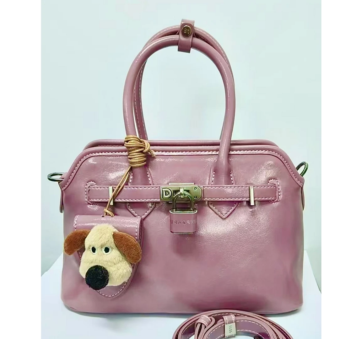 【RAIN·CUN】 轻奢可爱小狗挂件手提凯丽包 SD-5227-桃粉