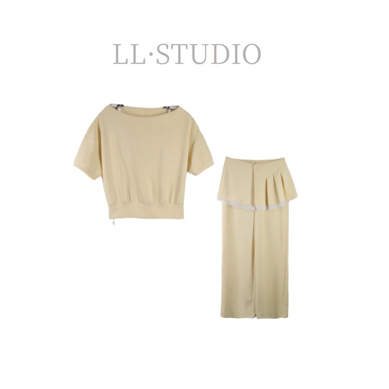 妙兮·LL夏季新款气质百搭设计款一字领上衣+长裤套装*20251176