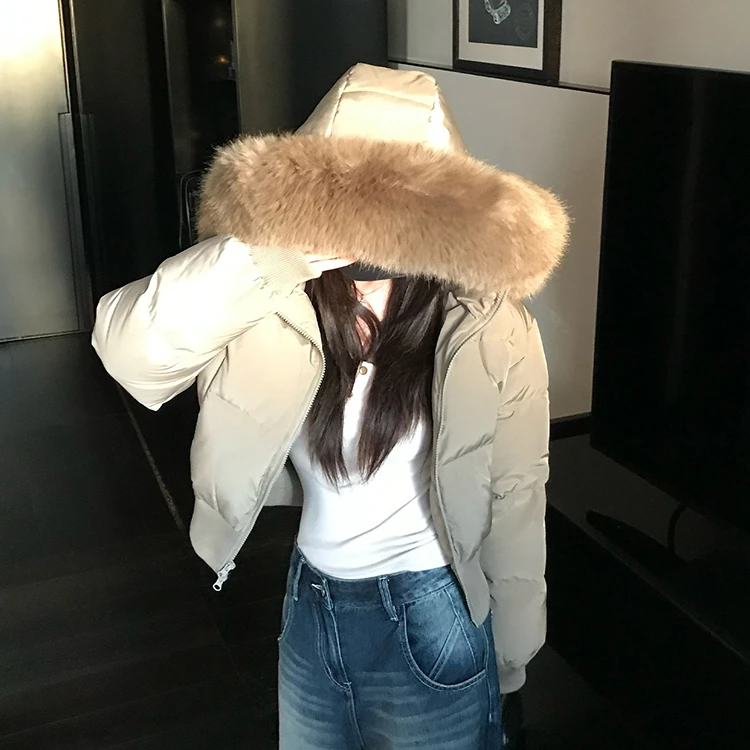美式复古毛领连帽棉衣棉服外套女冬季短款加厚保暖宽松面包服上衣