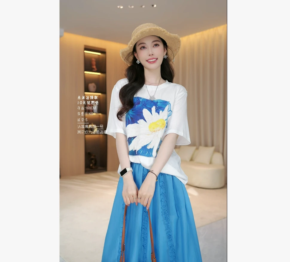 【雏菊夏语】夏季显瘦时尚洋气新款花朵图案短袖T恤上衣35868