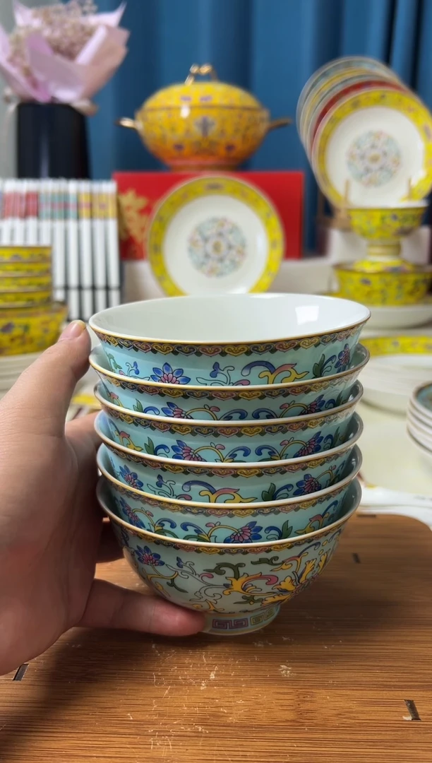 【双12大促】景德镇珐琅彩高脚防烫4.5英寸米饭碗 天湖蓝6个