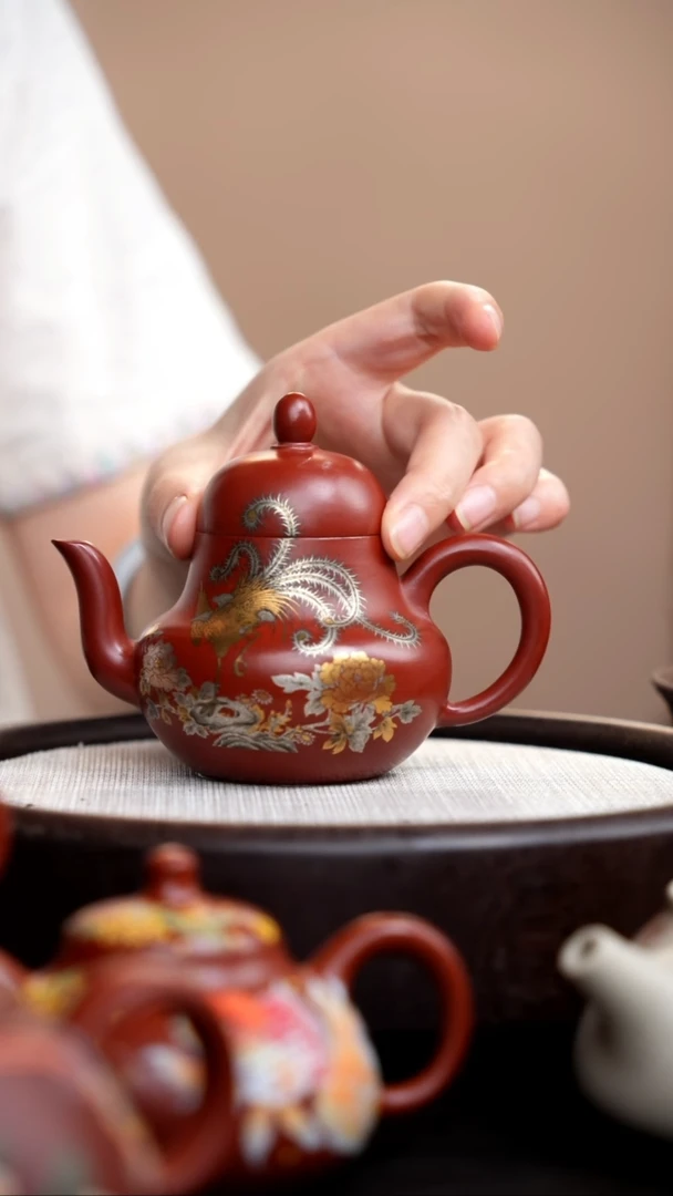 茶壶紫砂朱泥思婷金银错凤凰