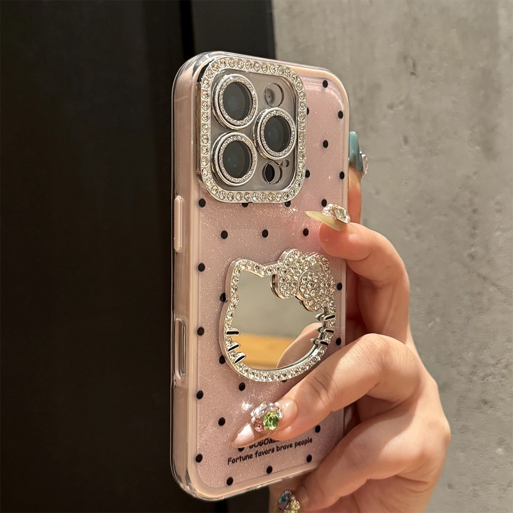 【店铺热销】二合一KT猫镜子苹果16手机壳15/14promax满钻可拆13